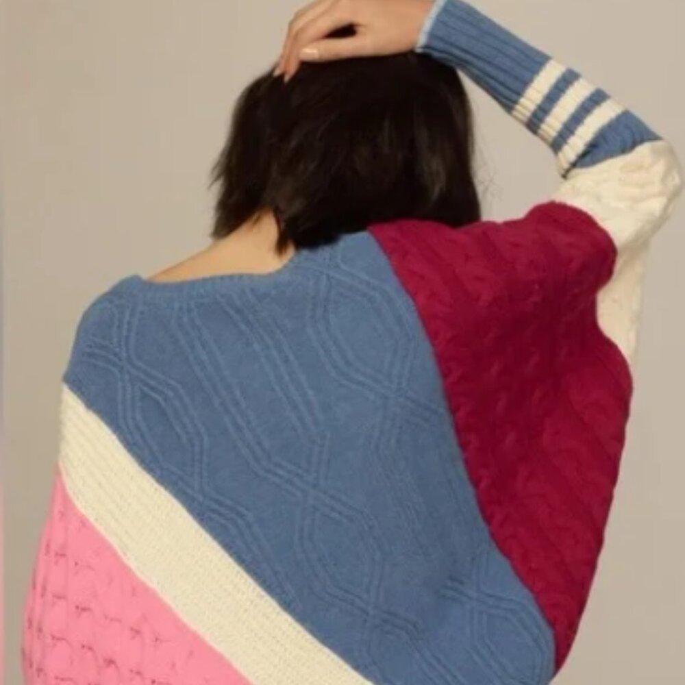 NEW Anthropologie Maeve Colorblock Cable Sweater Pink Size S COTTON WOOL BLEND